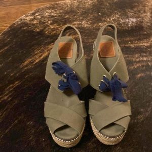 Tory Burch khaki and navy amazing wedges. Worn twice excellent condition 10.